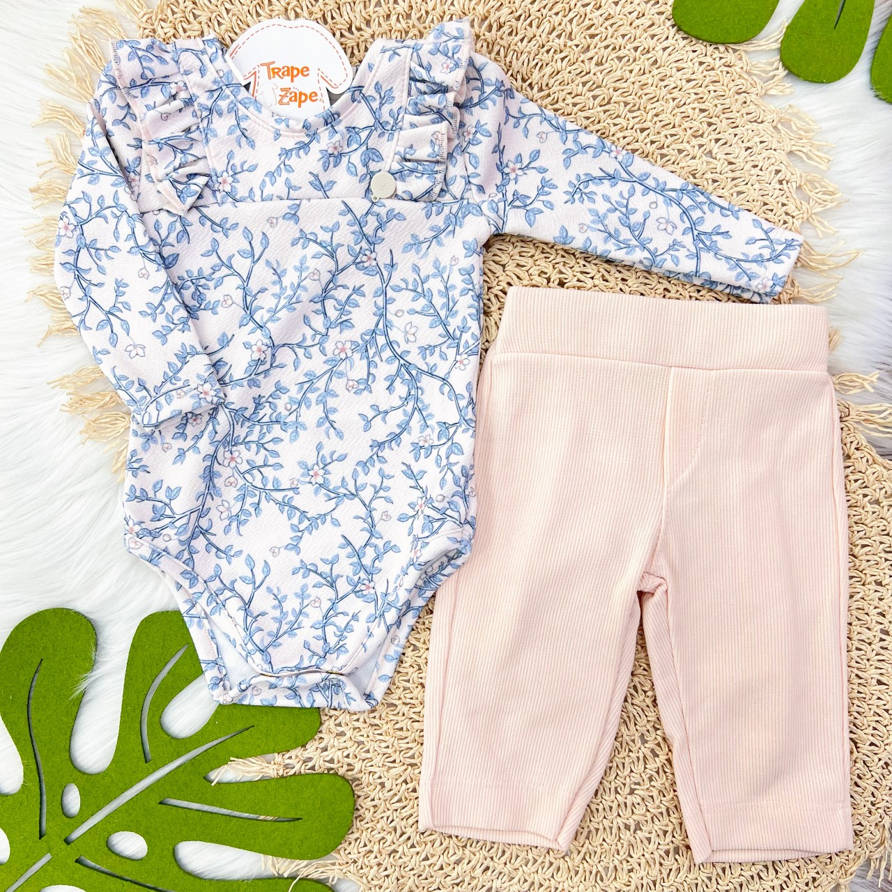 Conj. Body Manga Longa Floral e Calça Anarruga - Rosa e Azul